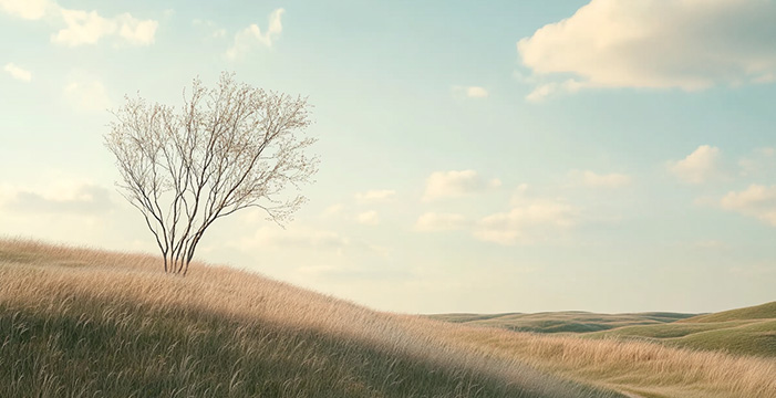 Paisaje sereno con colinas cubiertas de pasto. Hay un árbol sin hojas en el lado izquierdo de la imagen. El cielo está mayormente despejado con algunas nubes dispersas.
